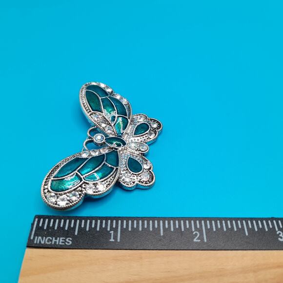 Vintage Enamel Butterfly Brooch, Metallic Teal, Aurora Borealis Rhinestones - Picture 8 of 9